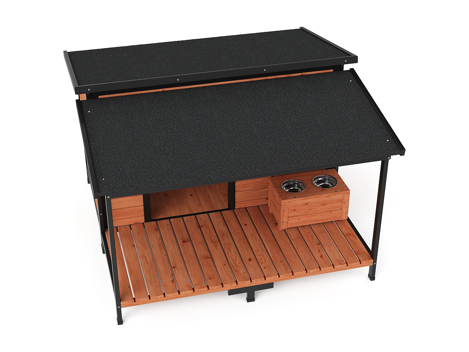 Niche pour chien avec terrasse et support gamelles - L. 136 x P. 138,1 x H.95,2 cm - Taille L/XL - Naturel et noir - MORIKA