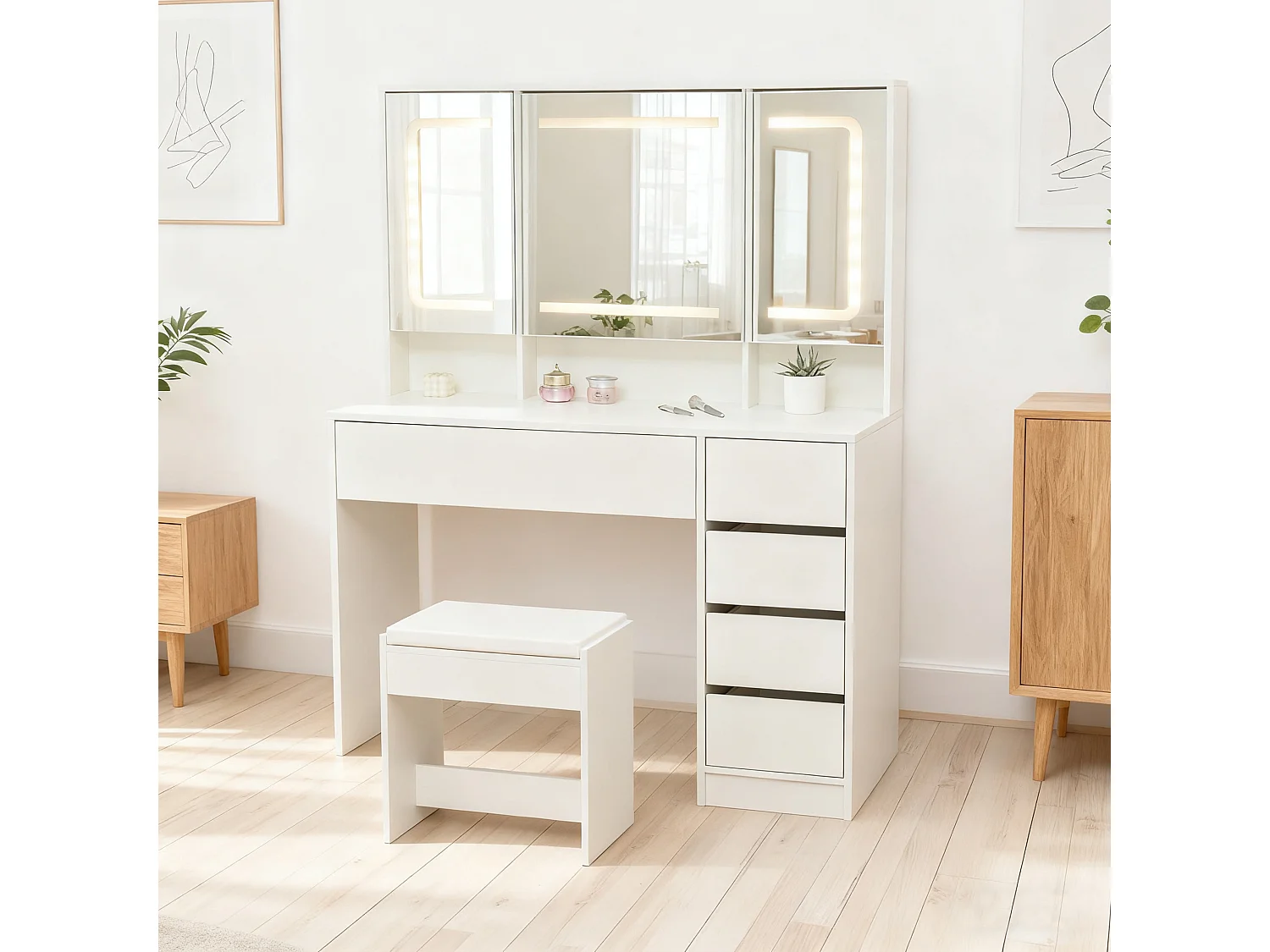 Kaptafel met kruk, spiegel en 5 lades - MDF hout - Wit