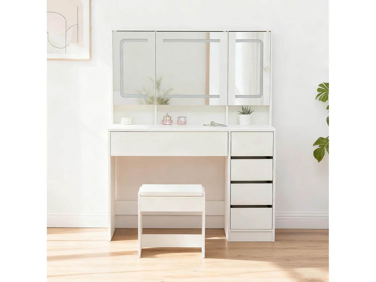 Kaptafel met kruk, spiegel en 5 lades - MDF hout - Wit