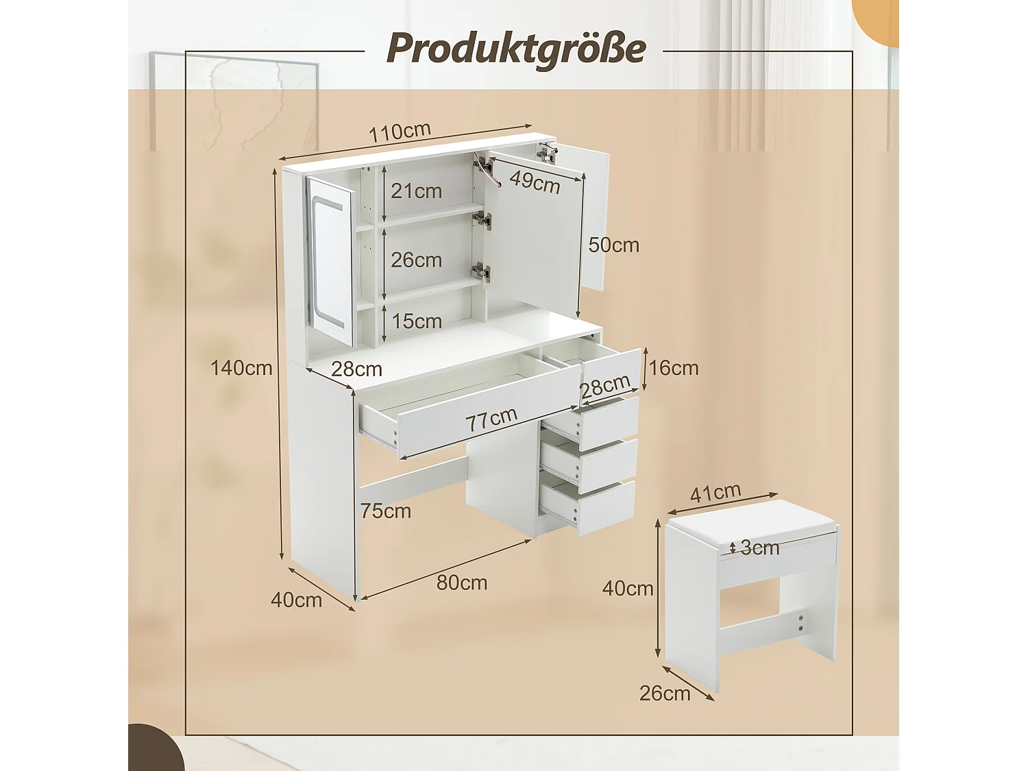 Kaptafel met kruk, spiegel en 5 lades - MDF hout - Wit