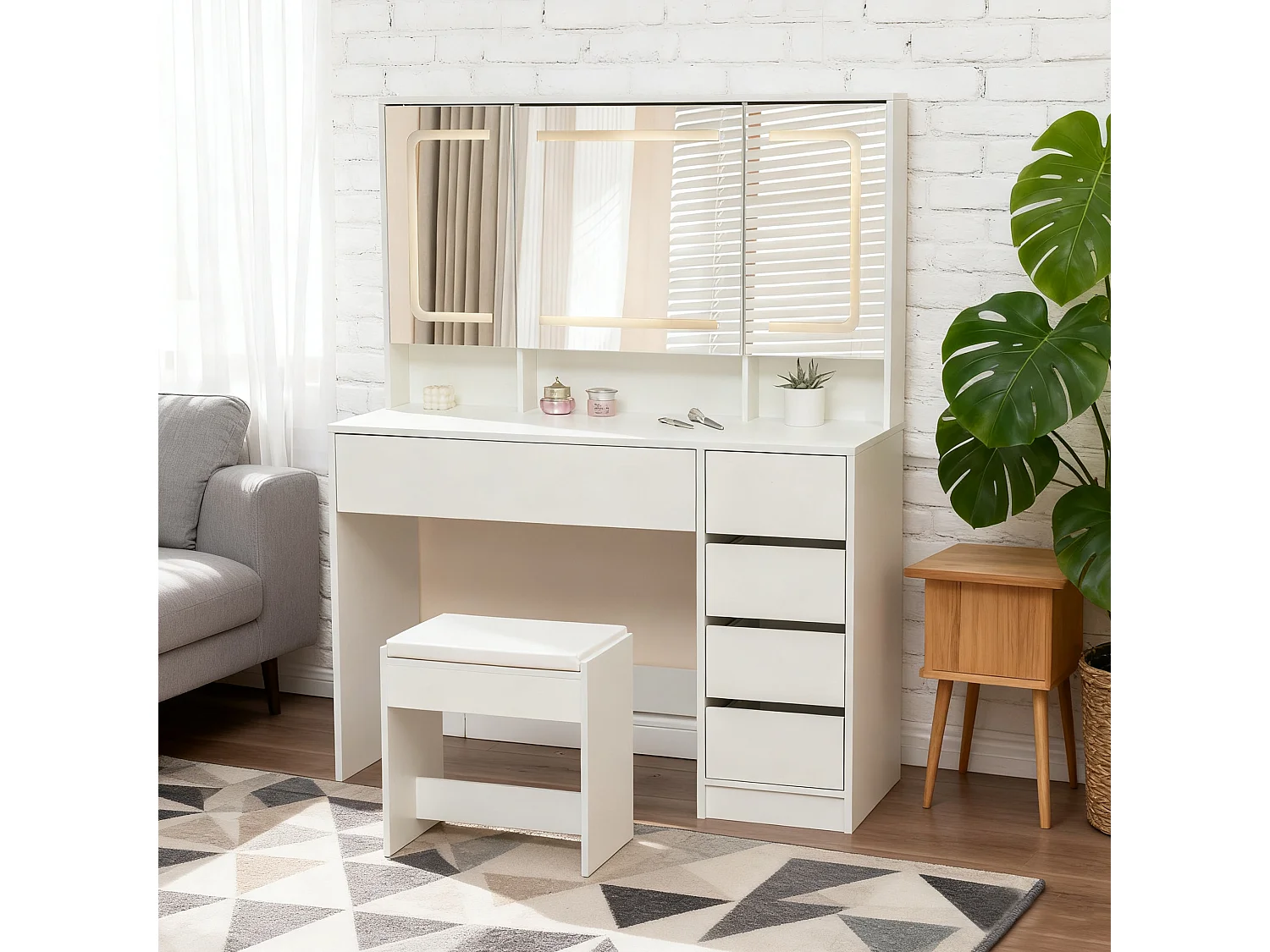 Kaptafel met kruk, spiegel en 5 lades - MDF hout - Wit