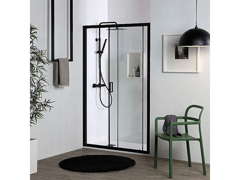 Porte De Douche Pour Niche 100Cm En Verre Trempé Et Profils Noirs | City