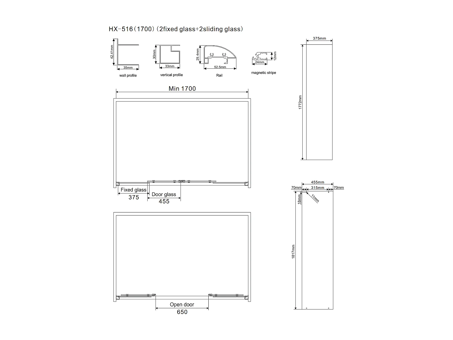 Porte De Douche En Niche 170 Cm Verre Transparent | Giada