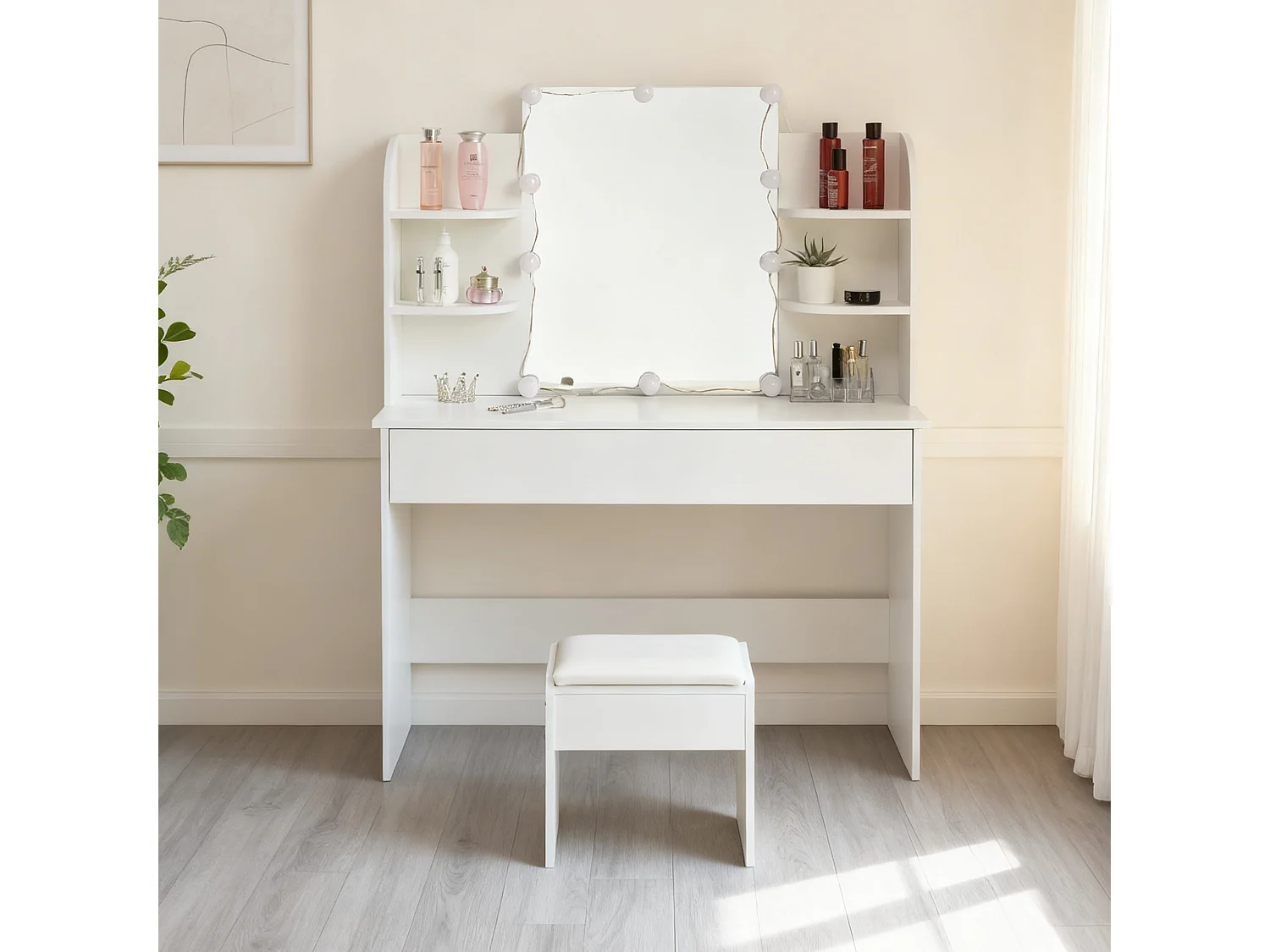 Tocador con espejo LED y taburete - Blanco - Madera MDF