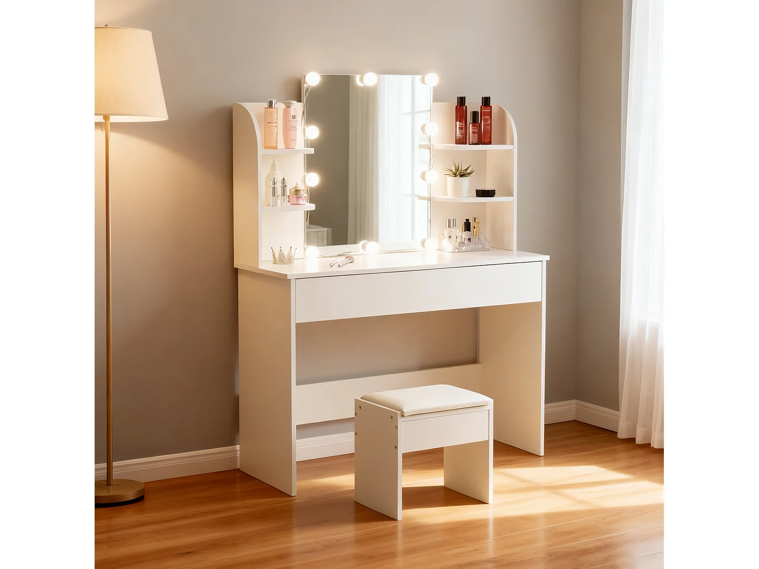 Tocador con espejo LED y taburete - Blanco - Madera MDF