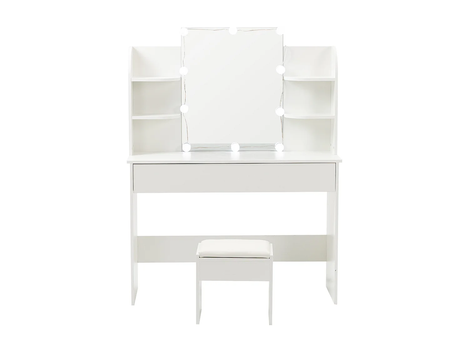 Tocador con espejo LED y taburete - Blanco - Madera MDF