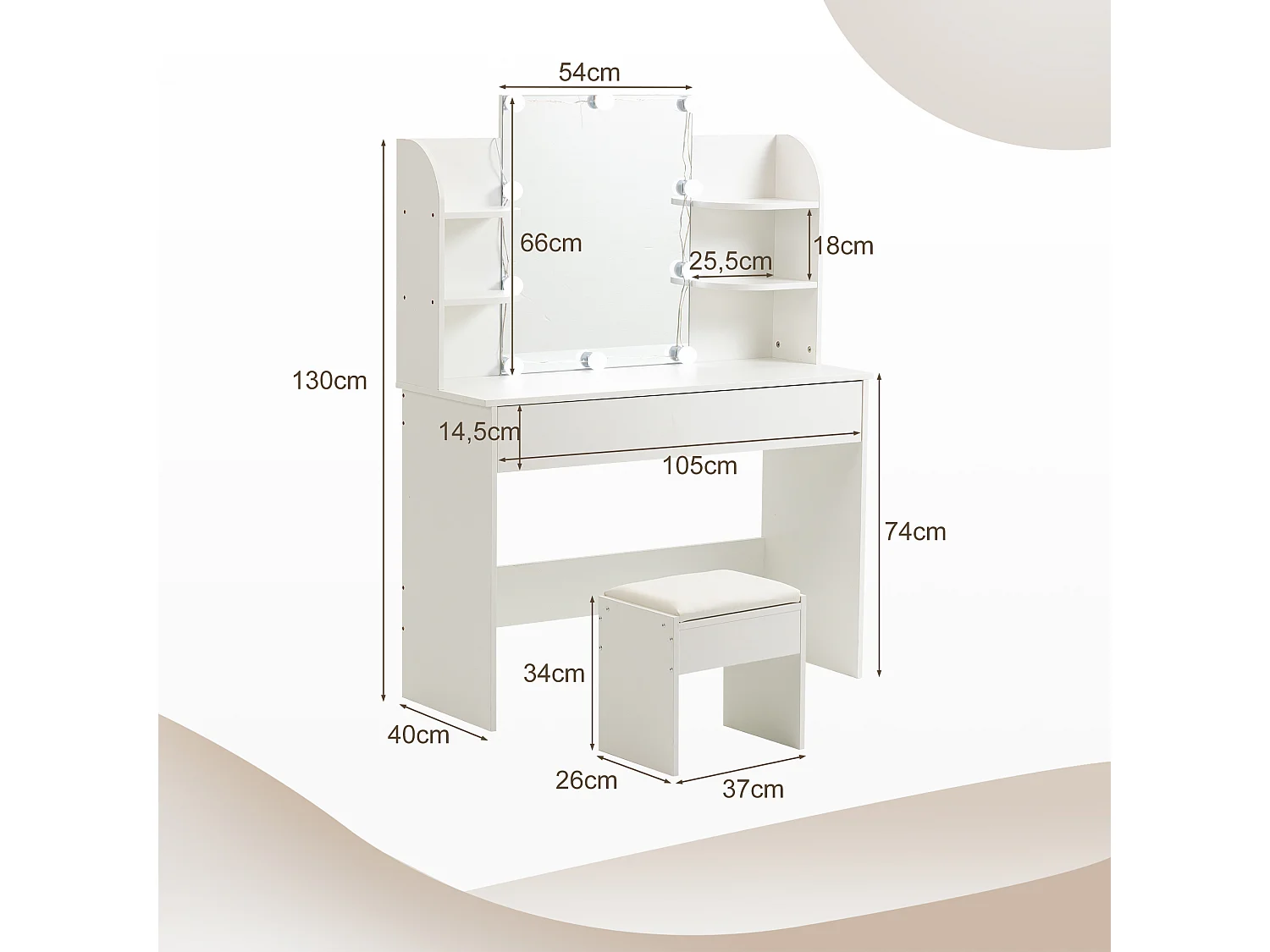 Tocador con espejo LED y taburete - Blanco - Madera MDF
