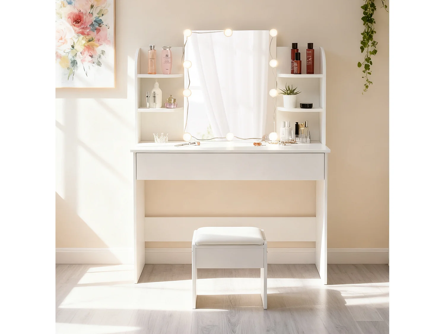 Tocador con espejo LED y taburete - Blanco - Madera MDF