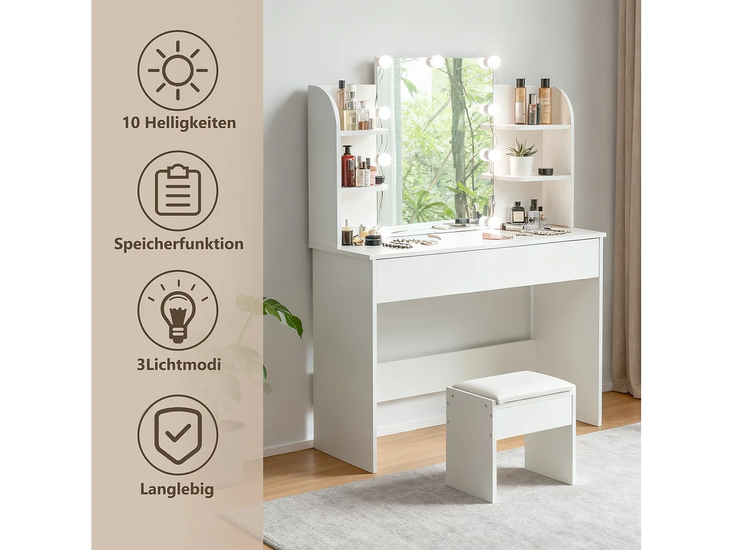 Tocador con espejo LED y taburete - Blanco - Madera MDF