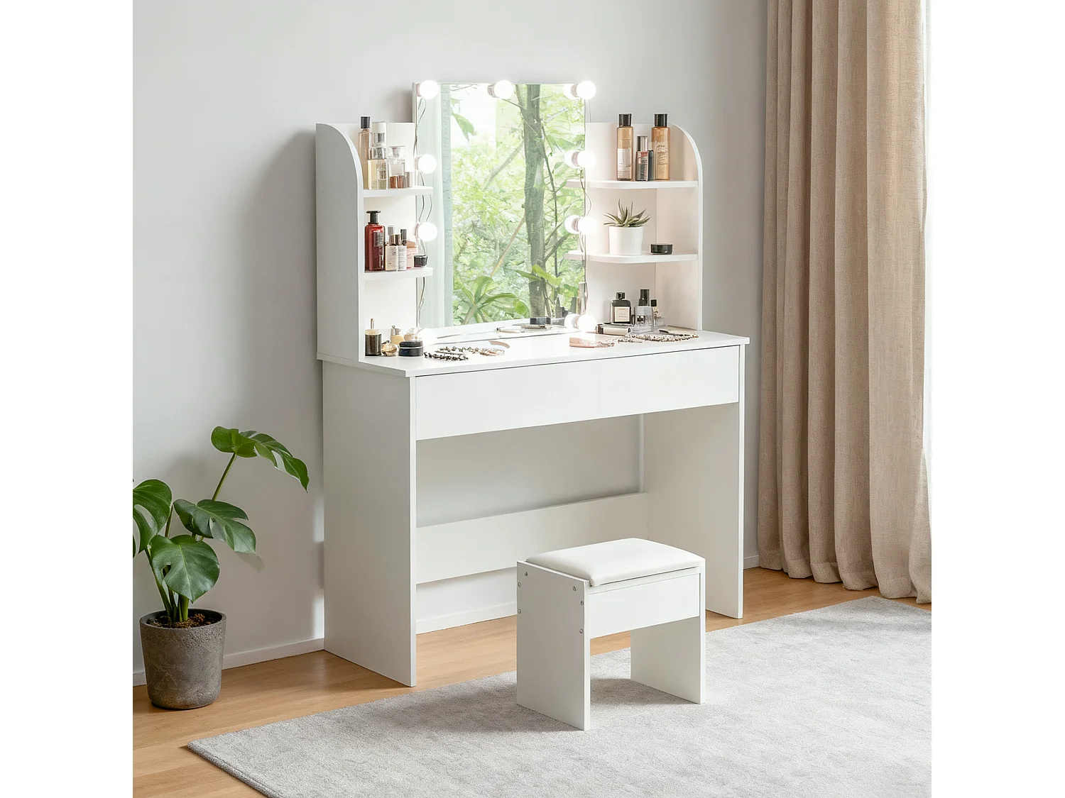 Tocador con espejo LED y taburete - Blanco - Madera MDF