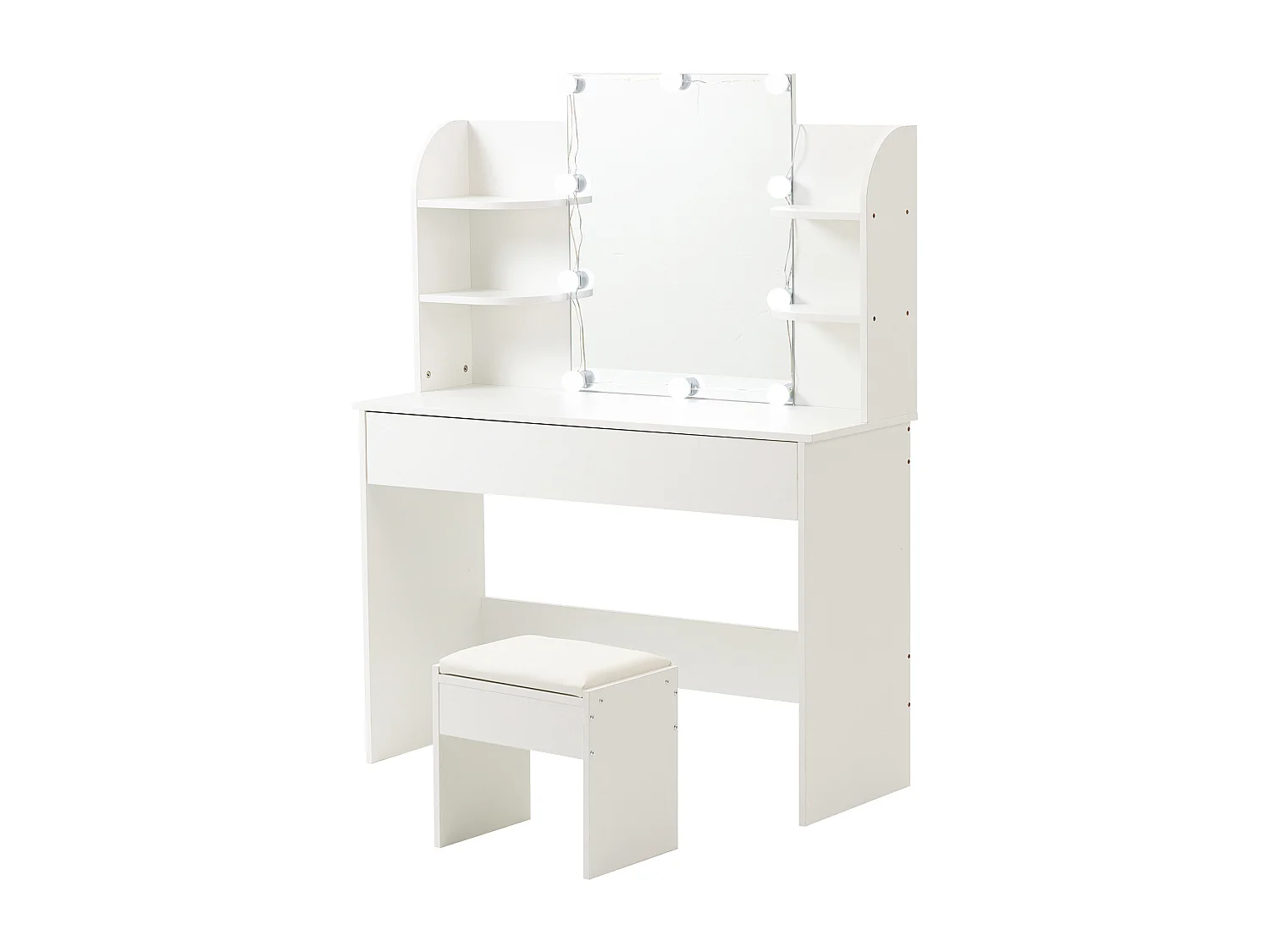 Tocador con espejo LED y taburete - Blanco - Madera MDF