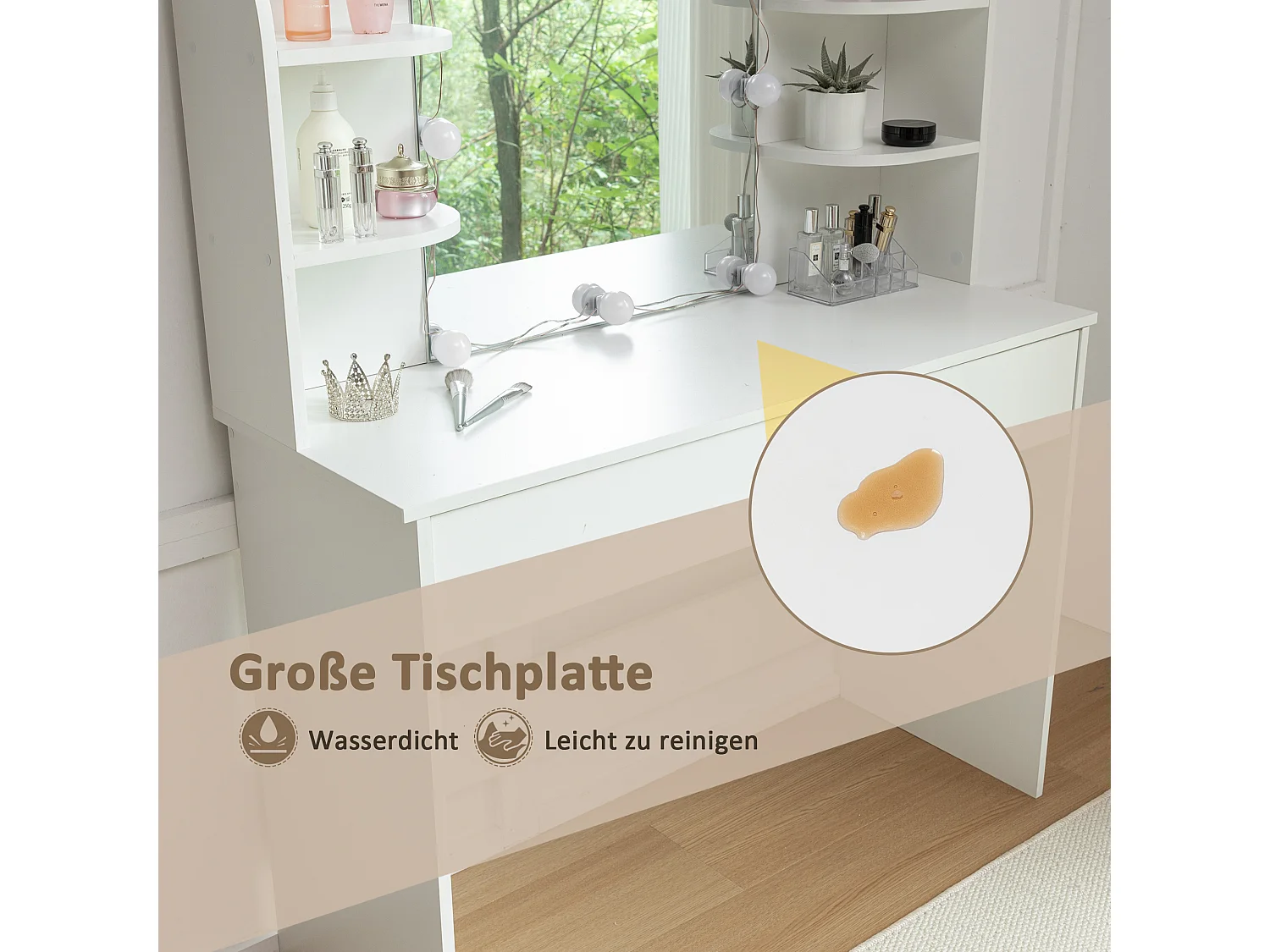 Tocador con espejo LED y taburete - Blanco - Madera MDF