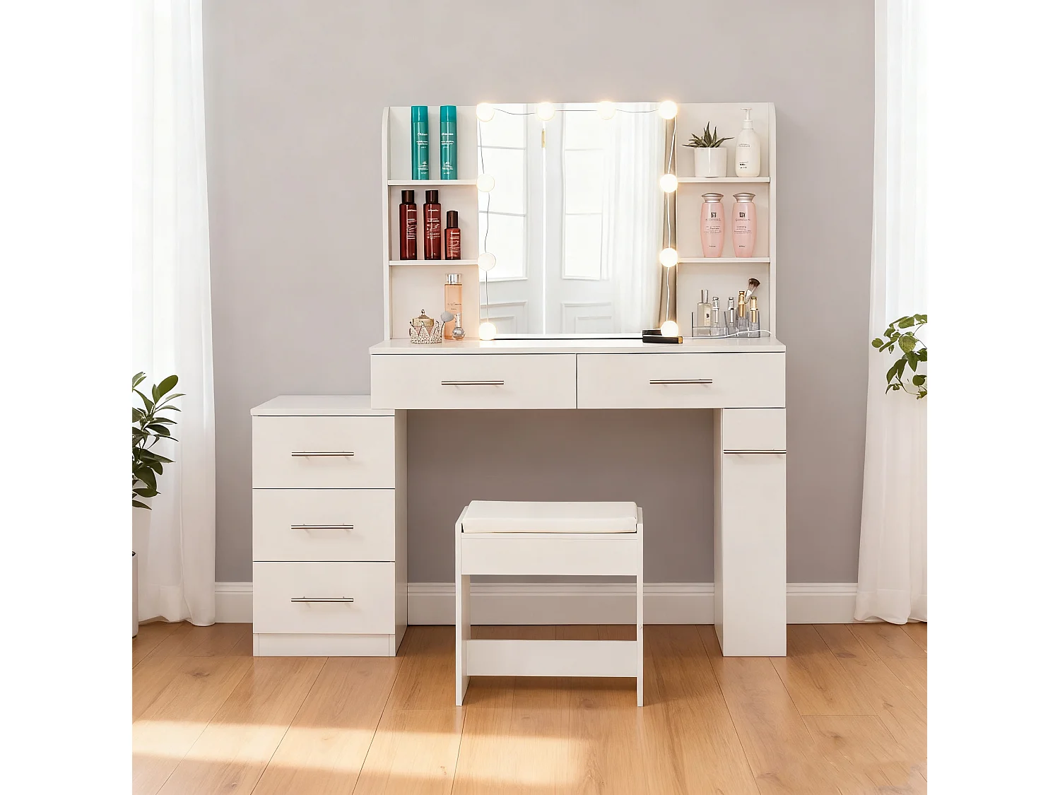 Toletta con specchio LED scorrevole, sgabello e 6 cassetti - Bianco