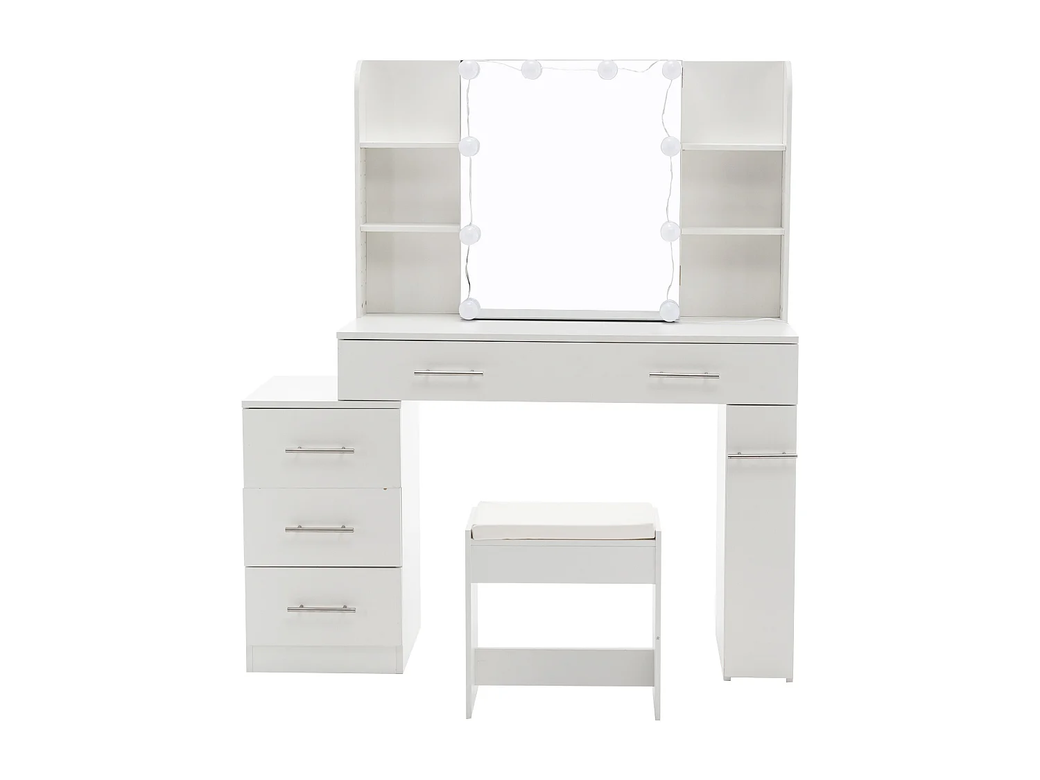 Toletta con specchio LED scorrevole, sgabello e 6 cassetti - Bianco