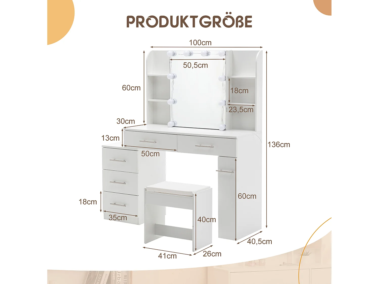 Toletta con specchio LED scorrevole, sgabello e 6 cassetti - Bianco