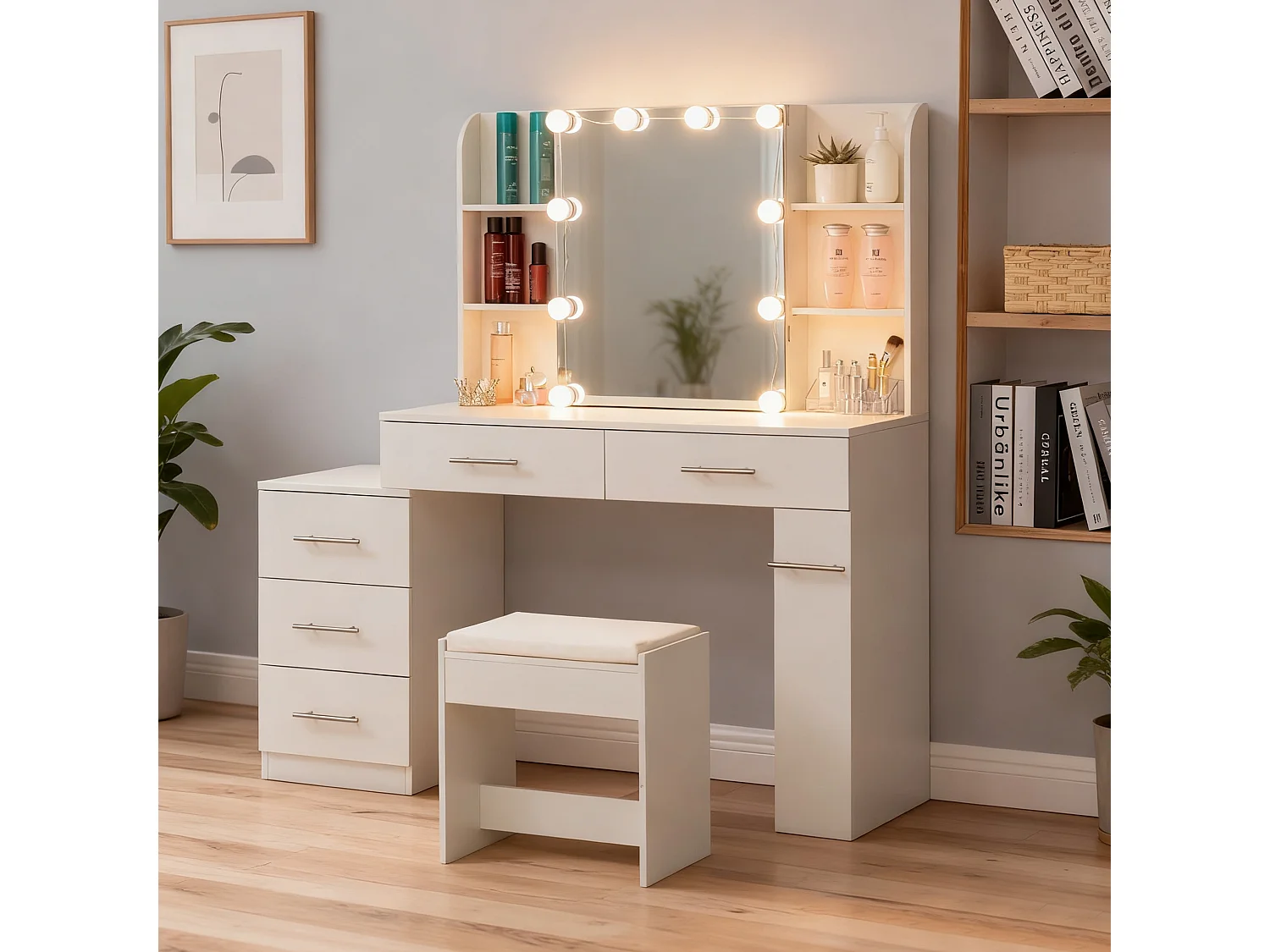 Toletta con specchio LED scorrevole, sgabello e 6 cassetti - Bianco