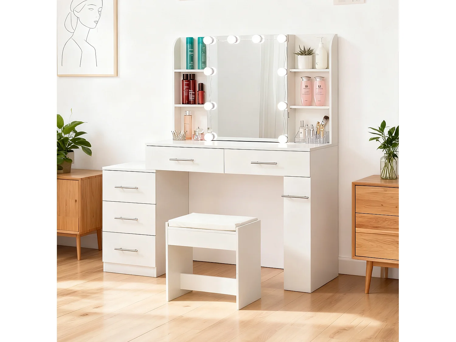 Toletta con specchio LED scorrevole, sgabello e 6 cassetti - Bianco
