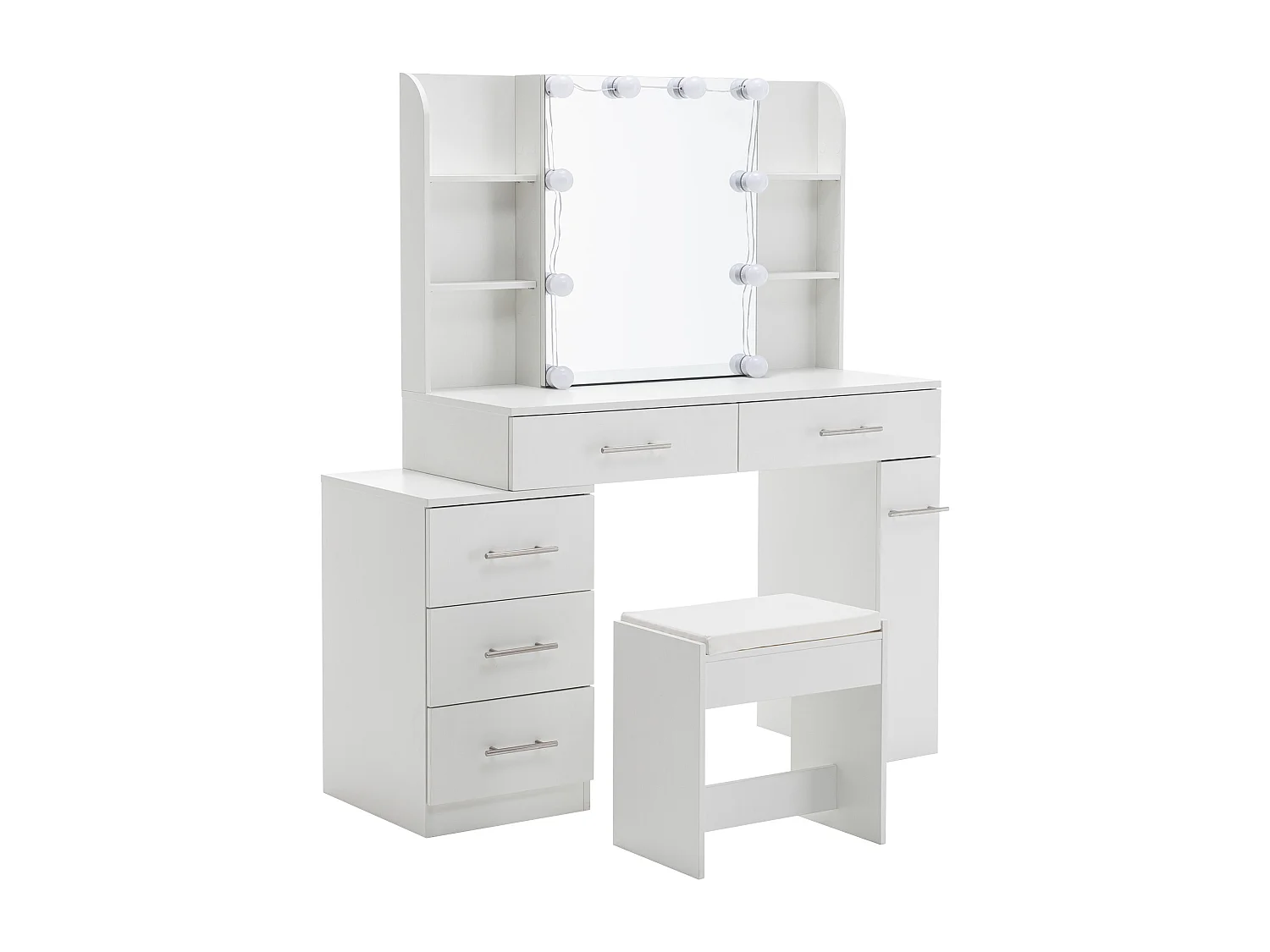 Toletta con specchio LED scorrevole, sgabello e 6 cassetti - Bianco