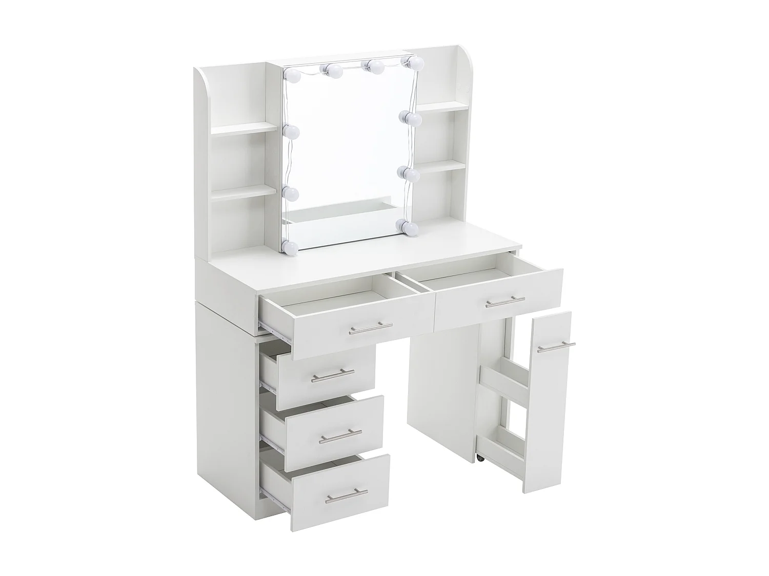 Toletta con specchio LED scorrevole, sgabello e 6 cassetti - Bianco