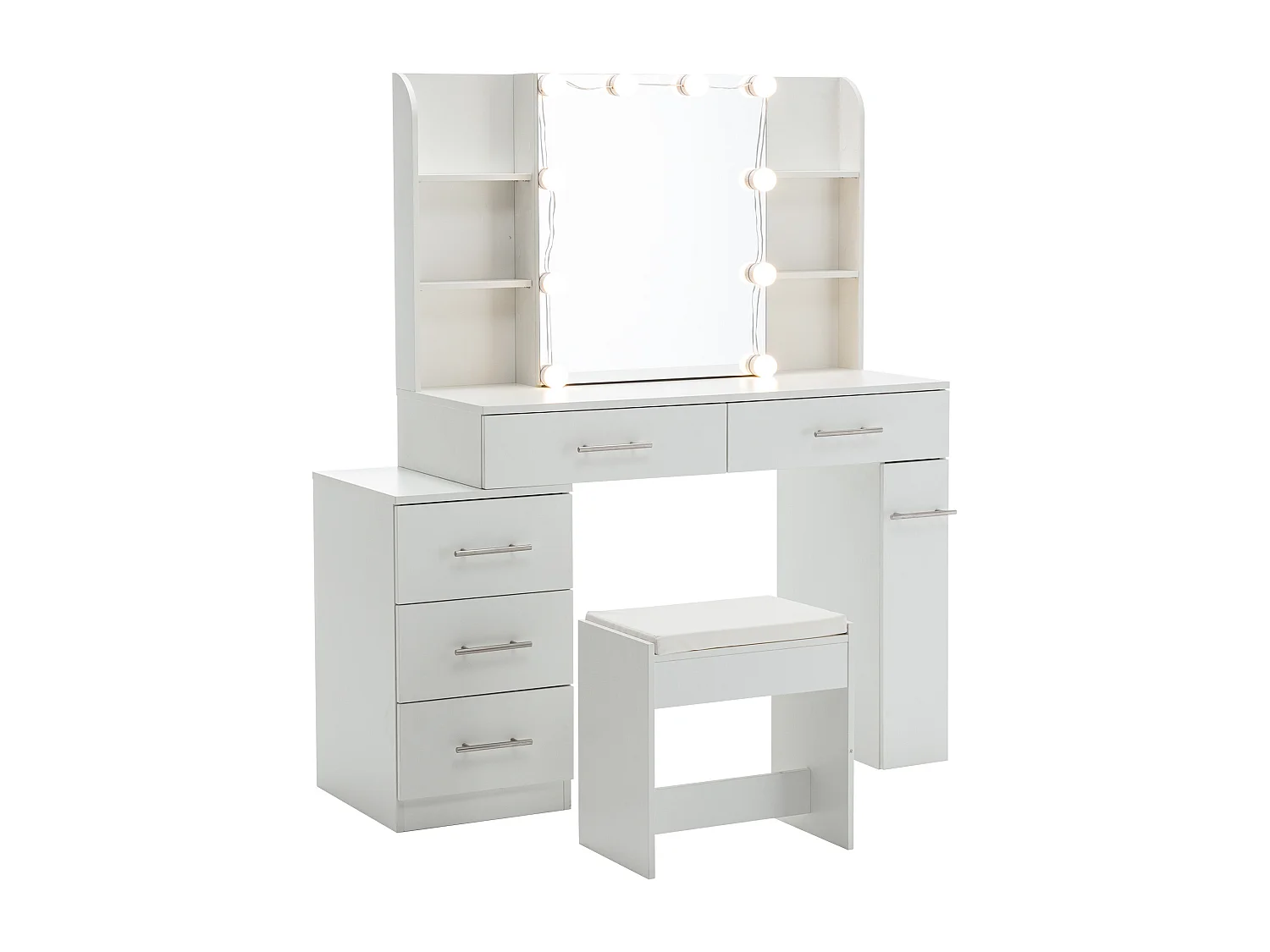 Toletta con specchio LED scorrevole, sgabello e 6 cassetti - Bianco