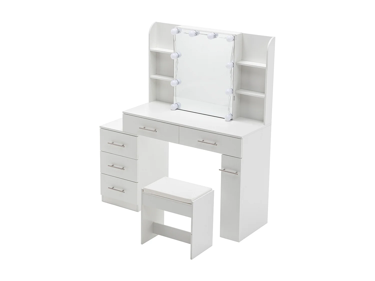 Toletta con specchio LED scorrevole, sgabello e 6 cassetti - Bianco