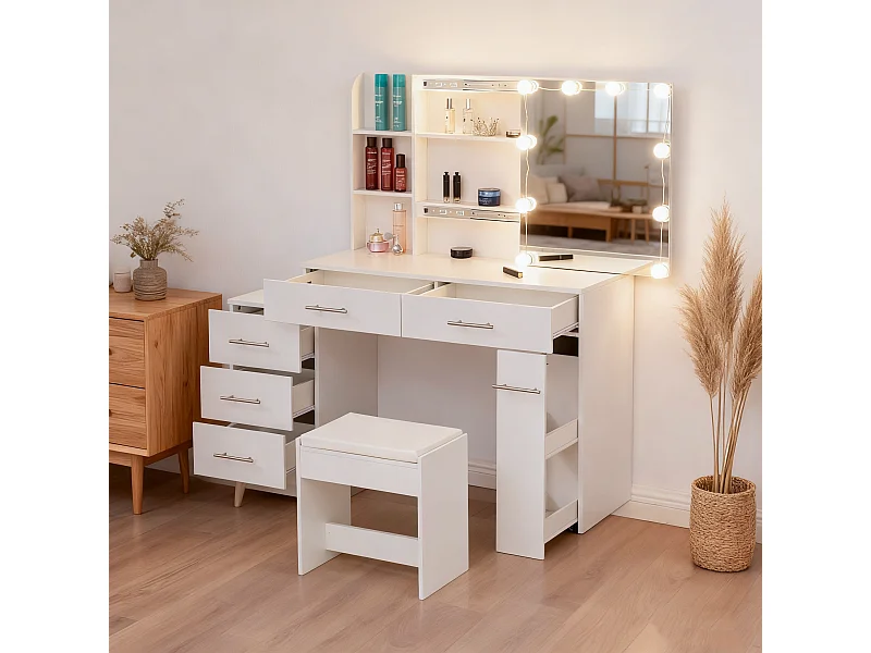 Tocador con espejo LED deslizante, taburete y 6 cajones - Blanco