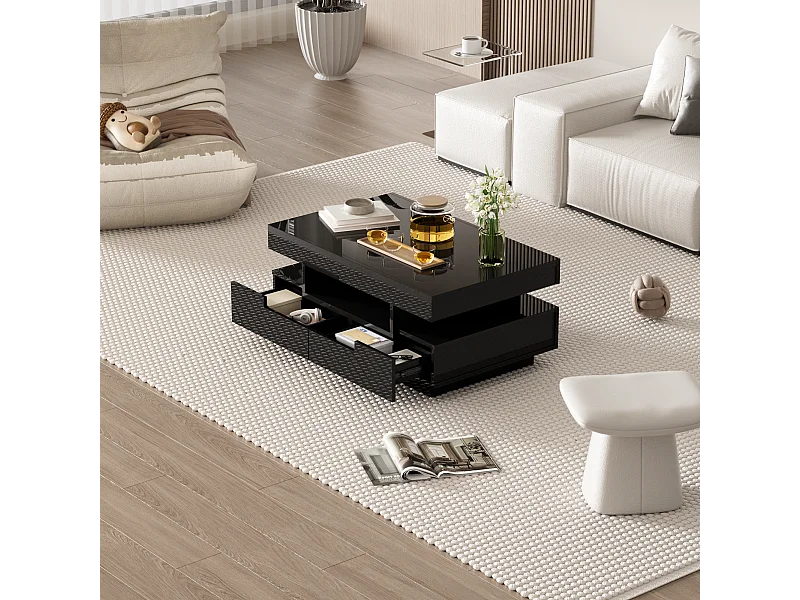 Salontafel met LED-verlichting en 4 lades - Glanzende afwerking - Zwart PB-hout