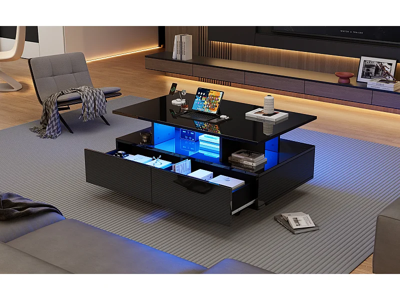 Tavolino da caffè laccato lucido con illuminazione a LED e 2 cassetti - Legno PB nero