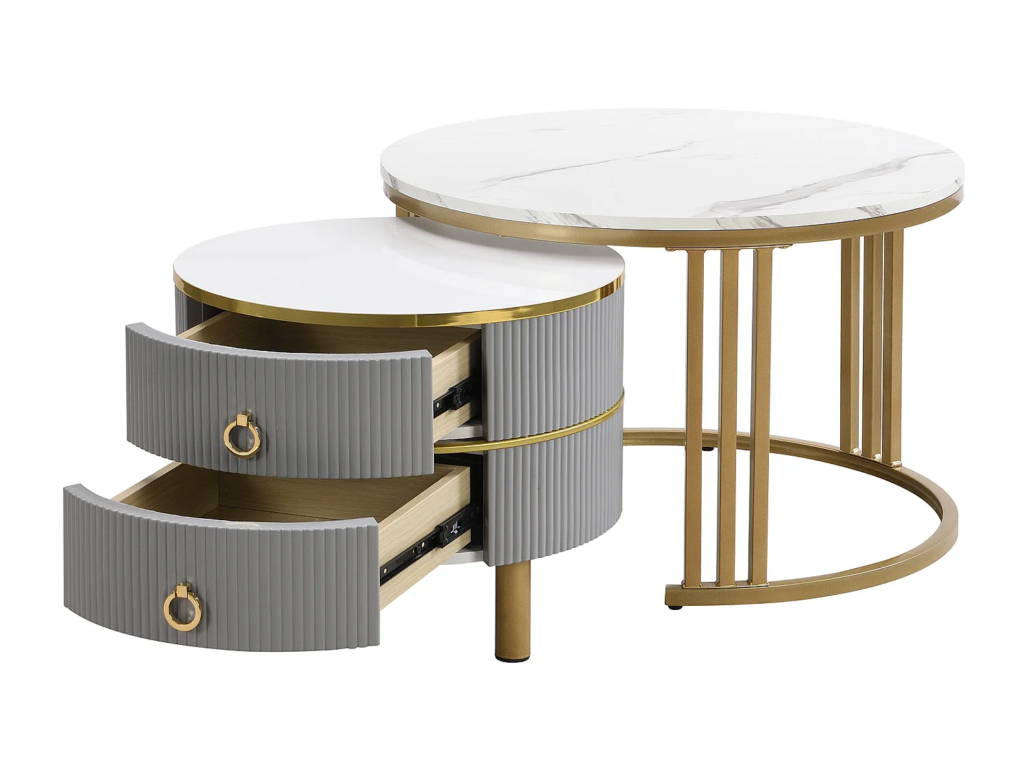 Tavolino da caffè rotondo impilabile con 2 cassetti - Legno MDF - Grigio e oro