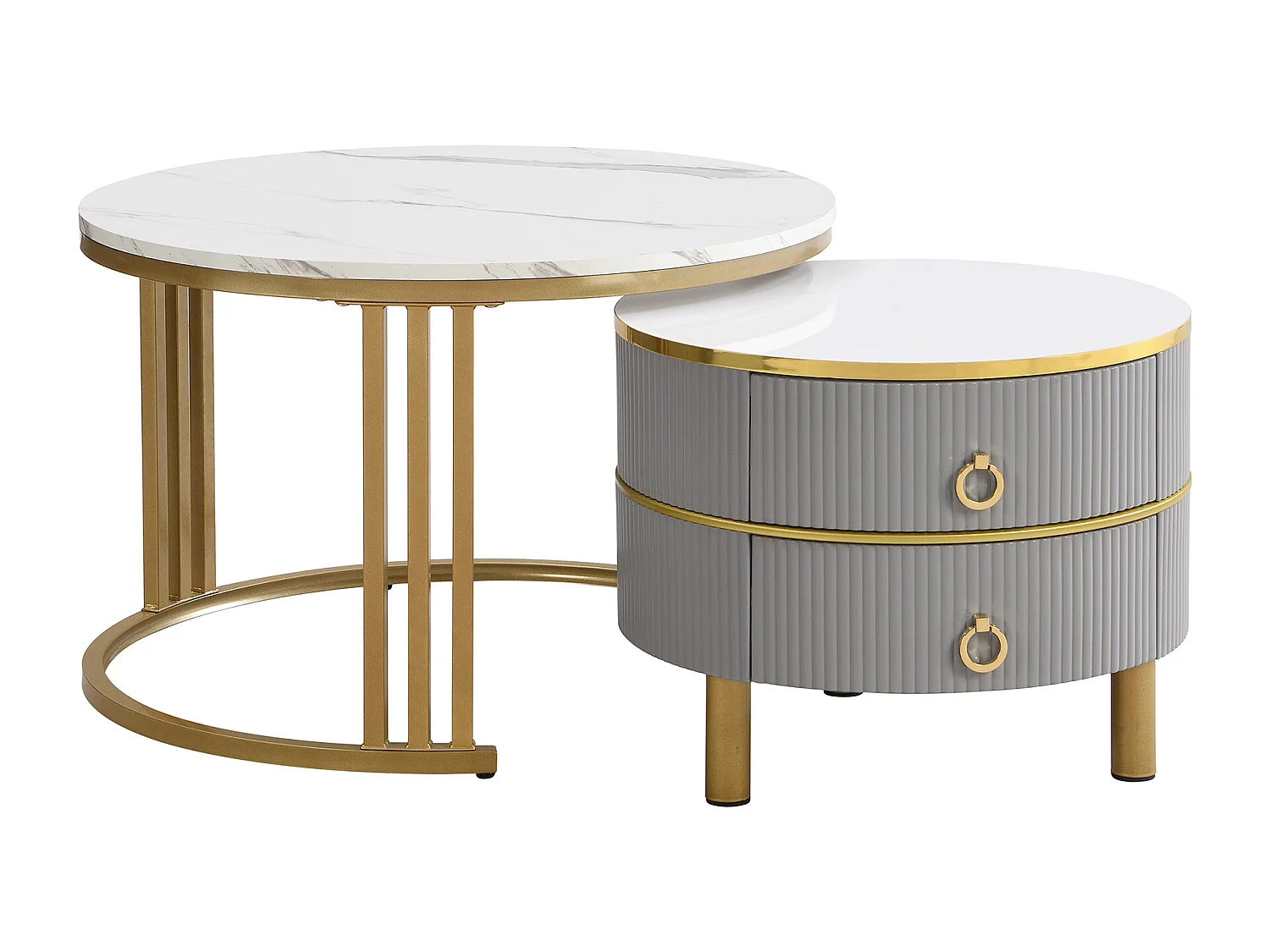 Tavolino da caffè rotondo impilabile con 2 cassetti - Legno MDF - Grigio e oro