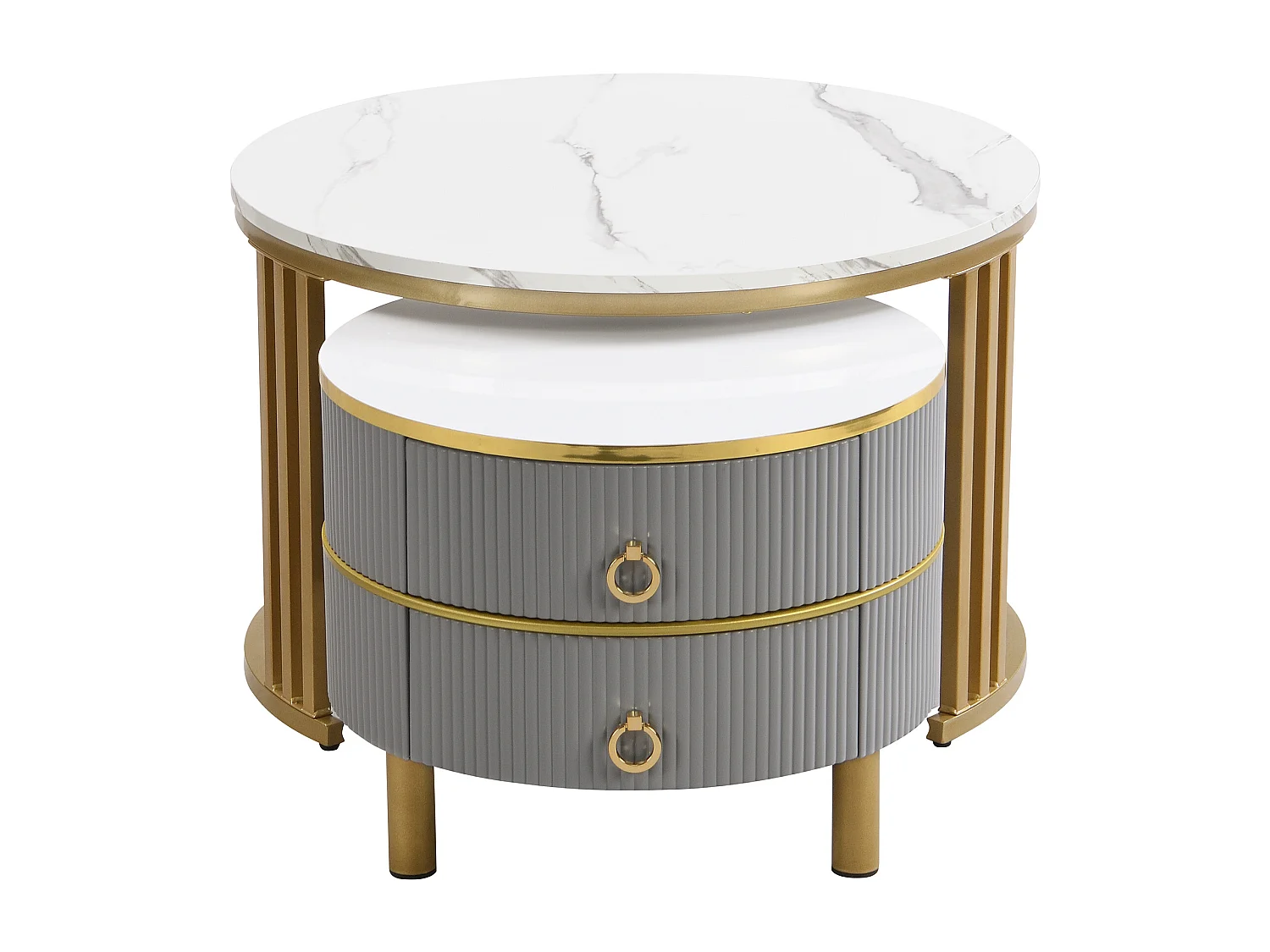 Tavolino da caffè rotondo impilabile con 2 cassetti - Legno MDF - Grigio e oro