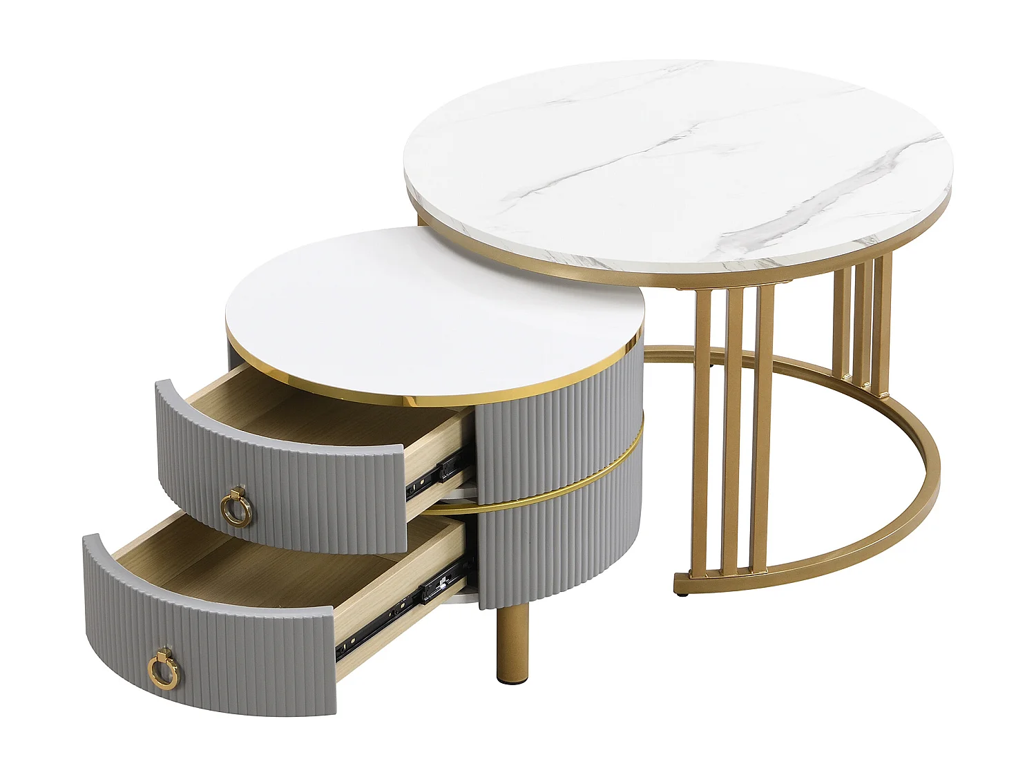 Tavolino da caffè rotondo impilabile con 2 cassetti - Legno MDF - Grigio e oro