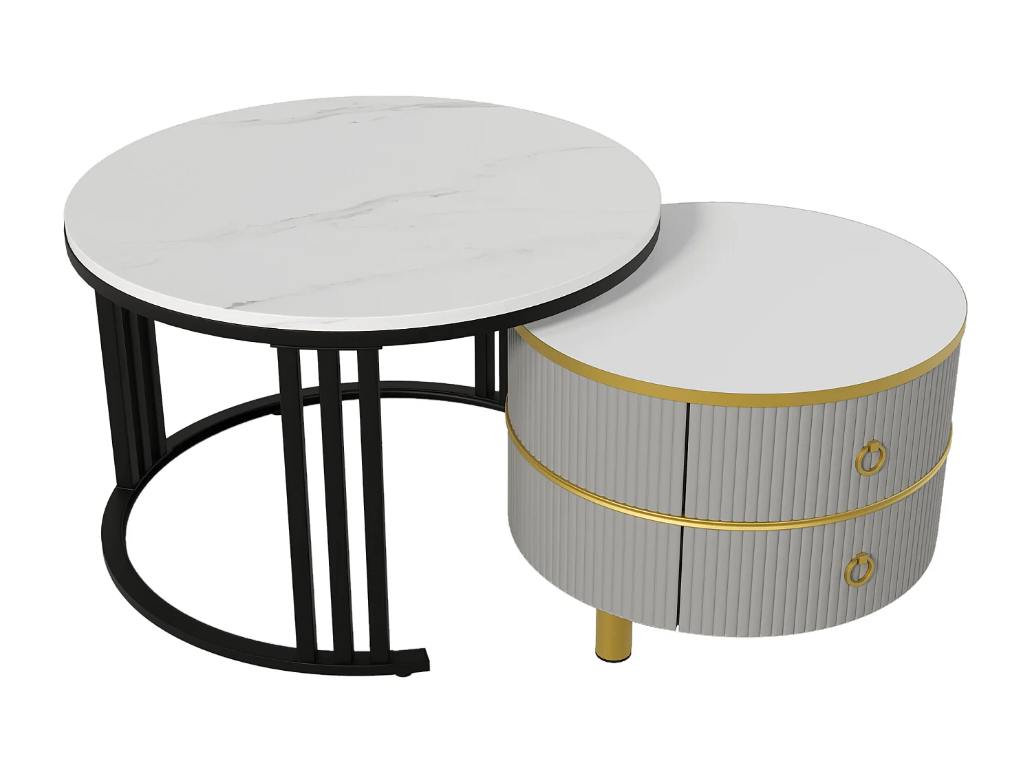 Tavolino da caffè rotondo impilabile con 2 cassetti - Legno MDF - Grigio e nero