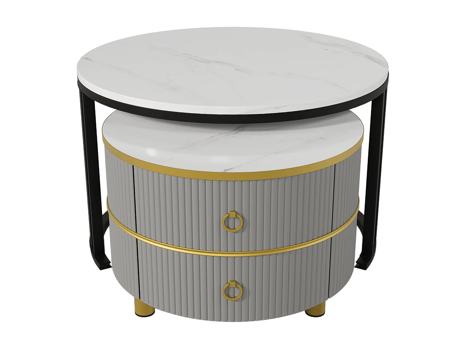 Tavolino da caffè rotondo impilabile con 2 cassetti - Legno MDF - Grigio e nero