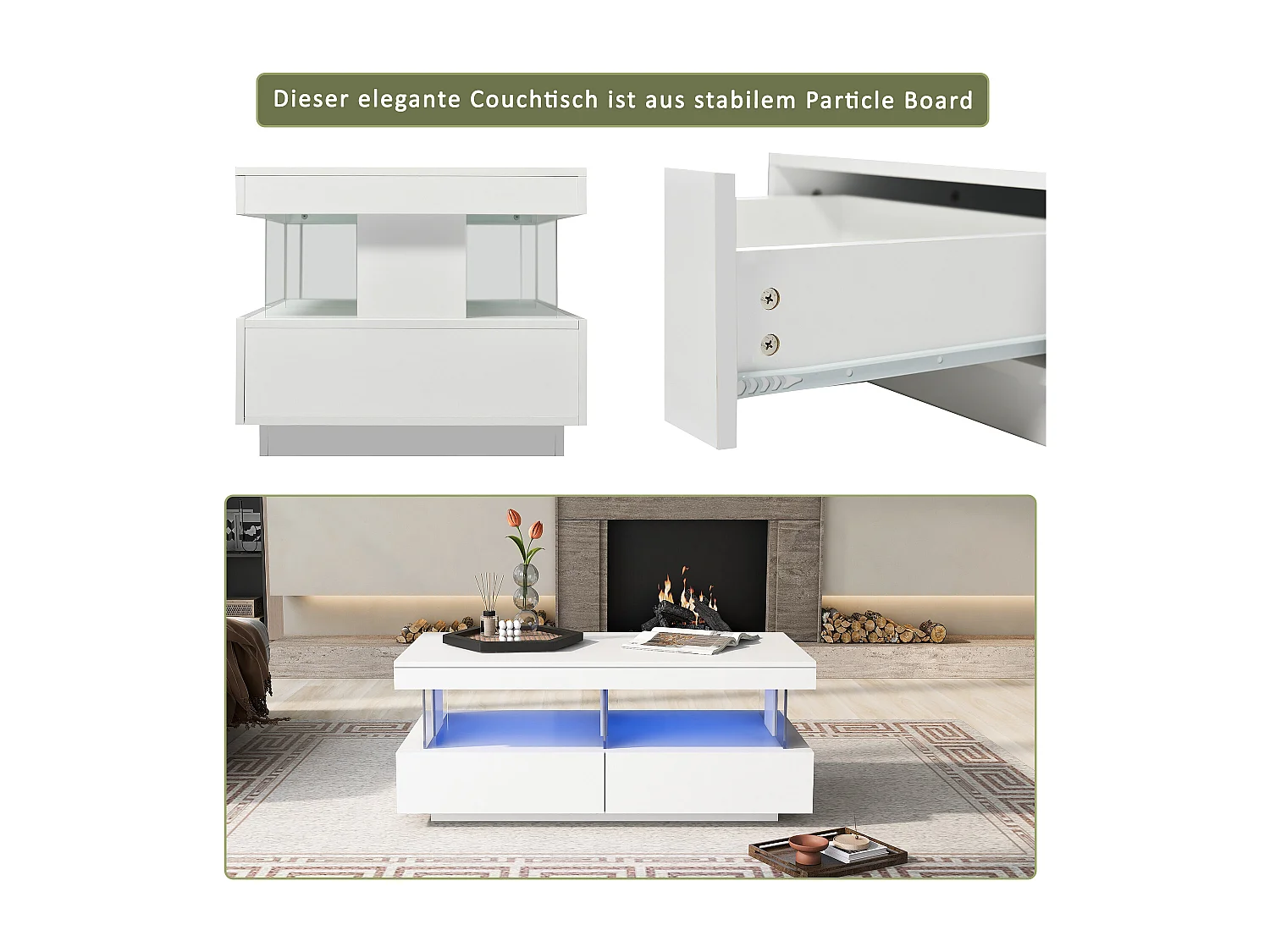 Table basse laquée brillante avec LED et 2 tiroirs - Feuille acrylique - Bois blanc