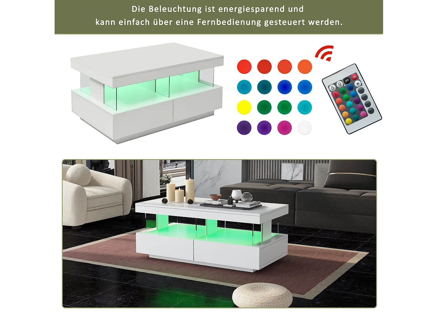 Table basse laquée brillante avec LED et 2 tiroirs - Feuille acrylique - Bois blanc