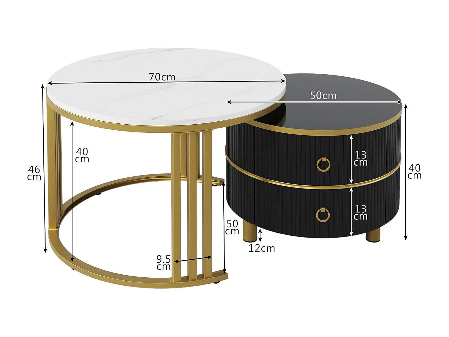 Tavolino da caffè rotondo impilabile con 2 cassetti - Legno MDF - Nero e oro