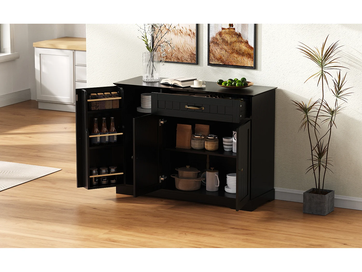 Buffet avec 3 portes et 1 tiroir - Bois MDF noir