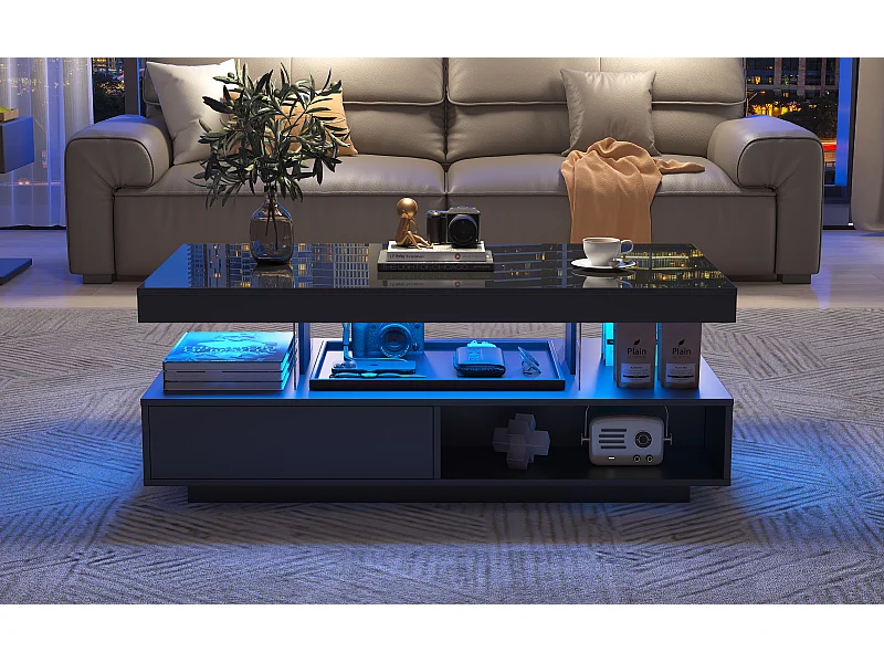 Tavolino con illuminazione a LED e 2 cassetti - Finitura nero lucido - Legno 95x50x42,5cm