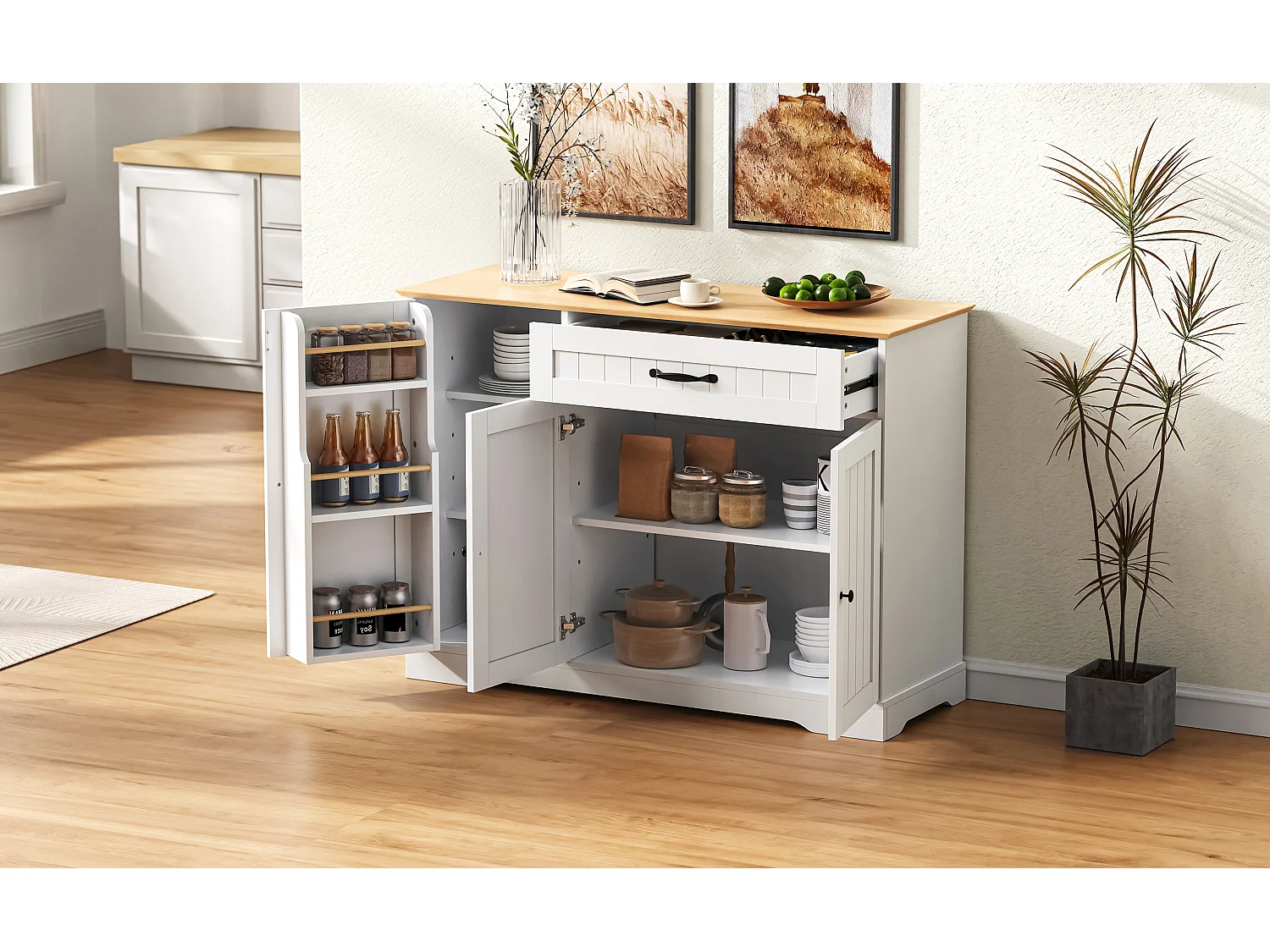 Buffet avec 3 portes et 1 tiroir - Bois MDF - Naturel et blanc