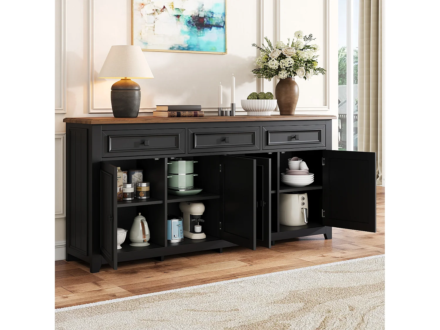 Buffet avec 4 portes et 3 tiroirs - Bois MDF - Noir