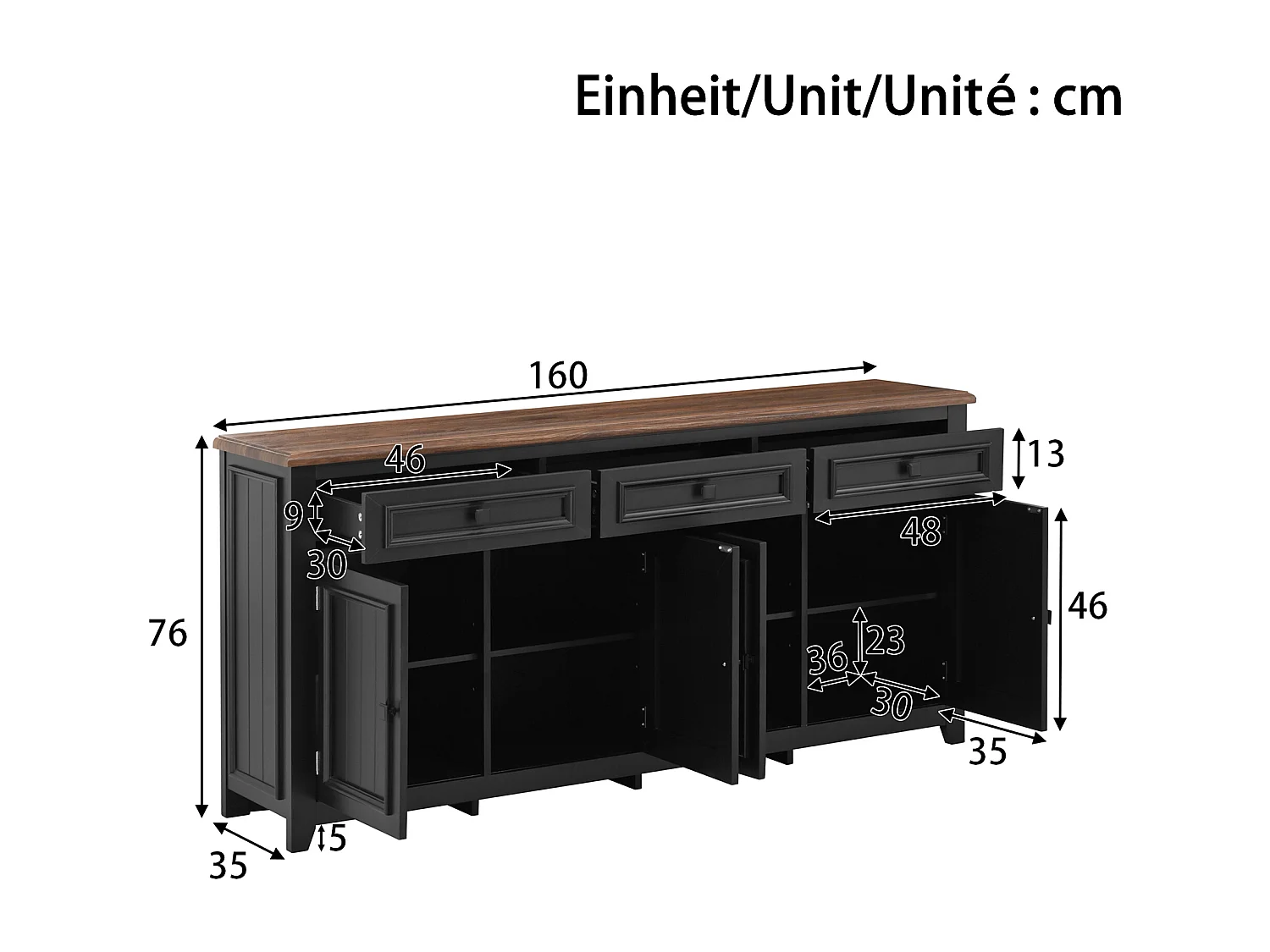 Buffet avec 4 portes et 3 tiroirs - Bois MDF - Noir