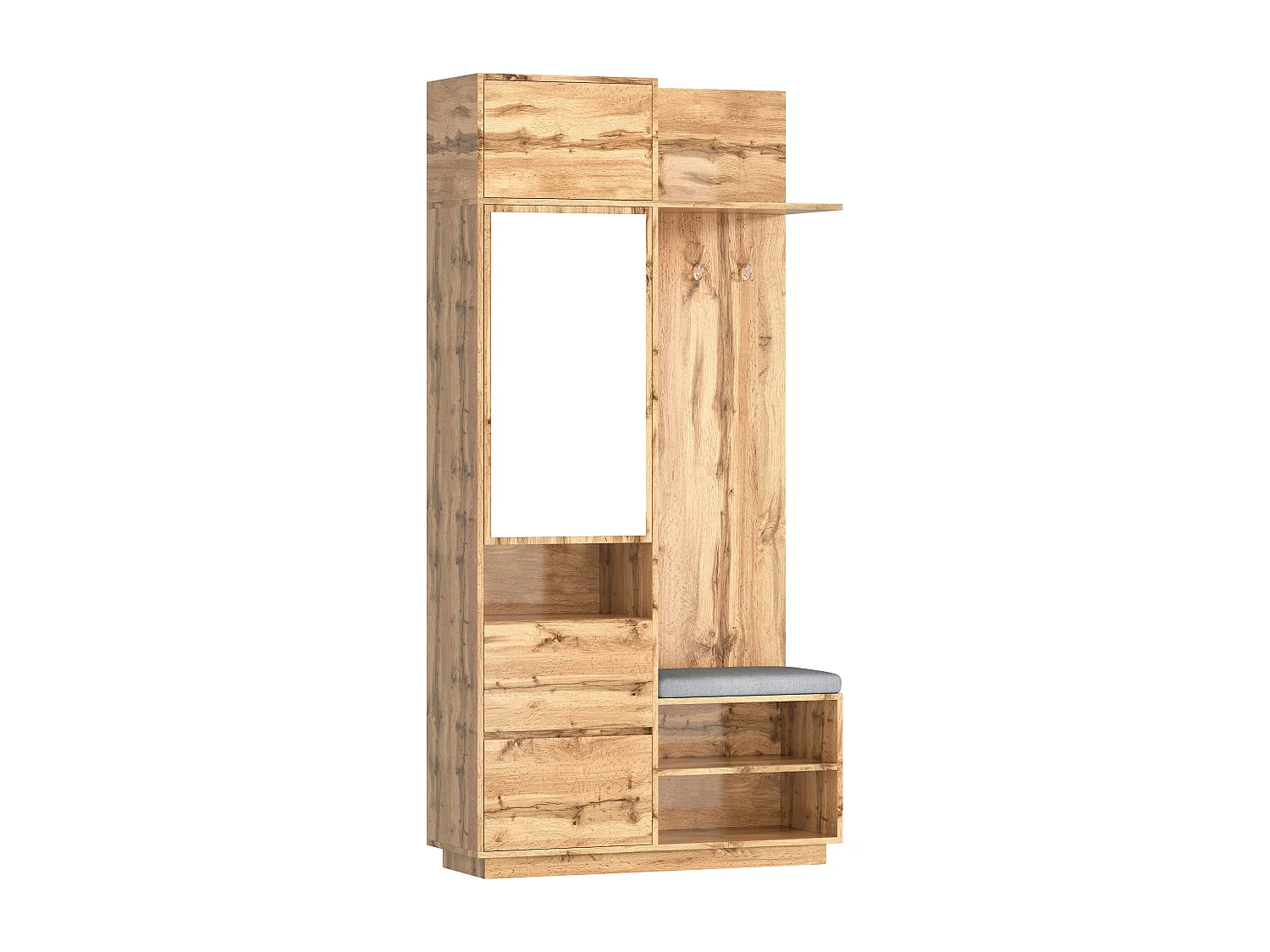 Kledingkast met spiegel, 3 deuren, lade en bank - Multifunctioneel - Houtkleur