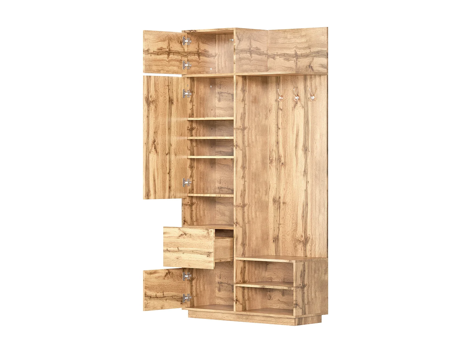 Kledingkast met spiegel, 3 deuren, lade en bank - Multifunctioneel - Houtkleur