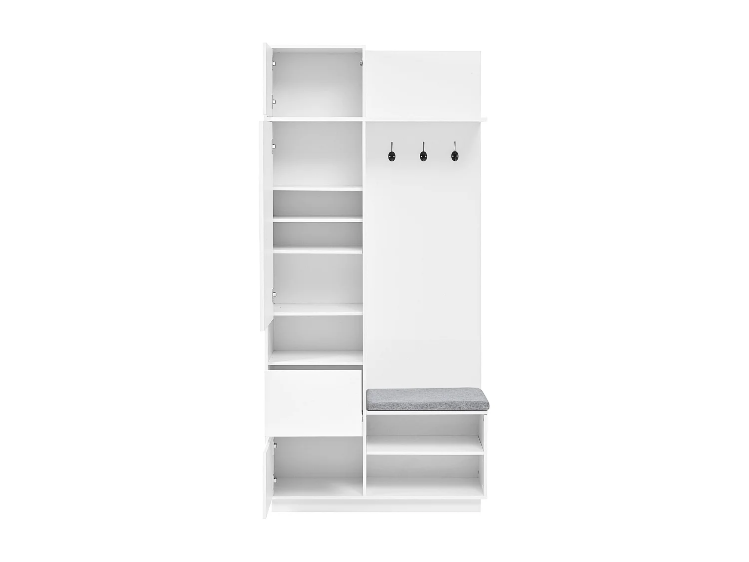 Lockerkast met spiegel, 3 deuren, lade en bankje - Multifunctioneel - Wit