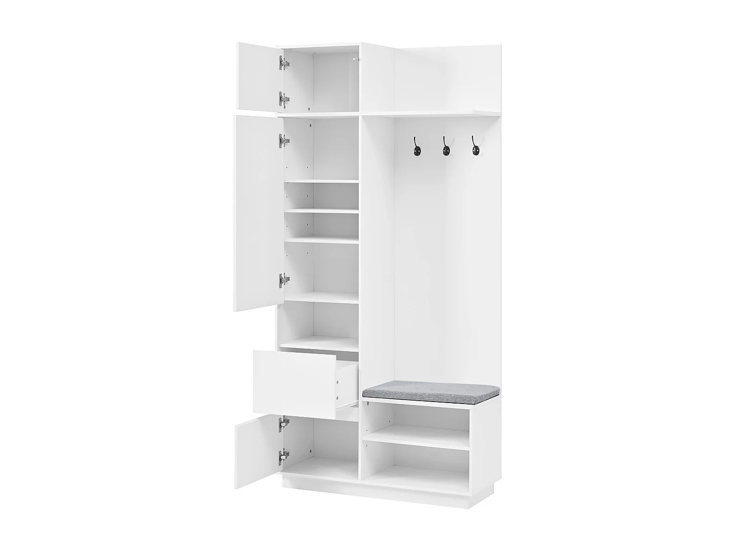 Lockerkast met spiegel, 3 deuren, lade en bankje - Multifunctioneel - Wit