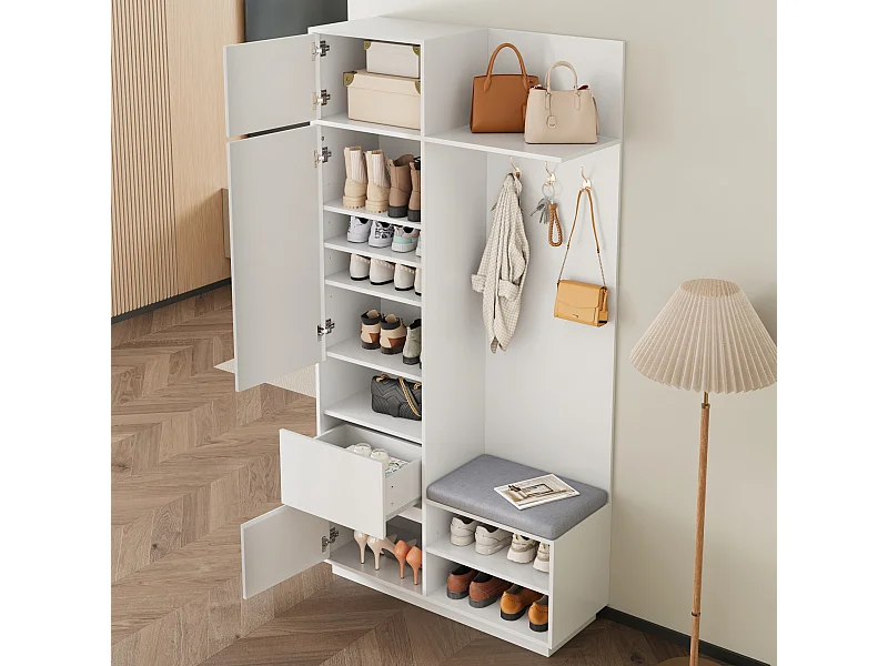 Lockerkast met spiegel, 3 deuren, lade en bankje - Multifunctioneel - Wit