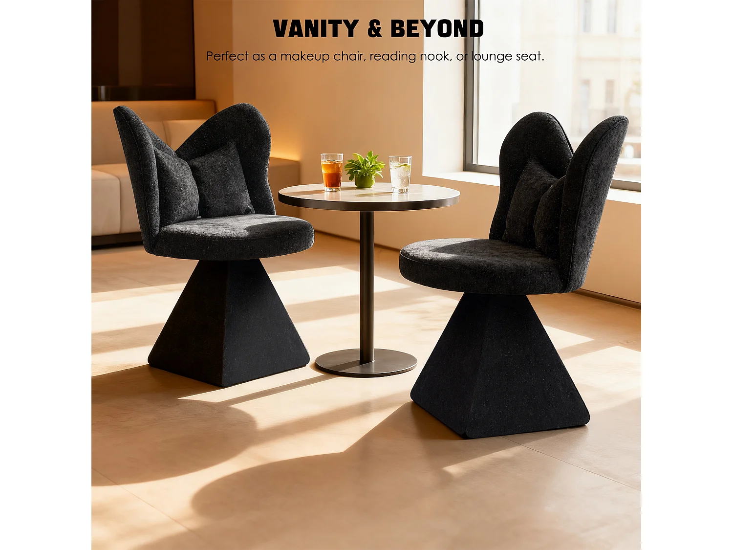 Chaise pivotant avec dossier en forme de papillon et soutien lombaire - Tissu noir
