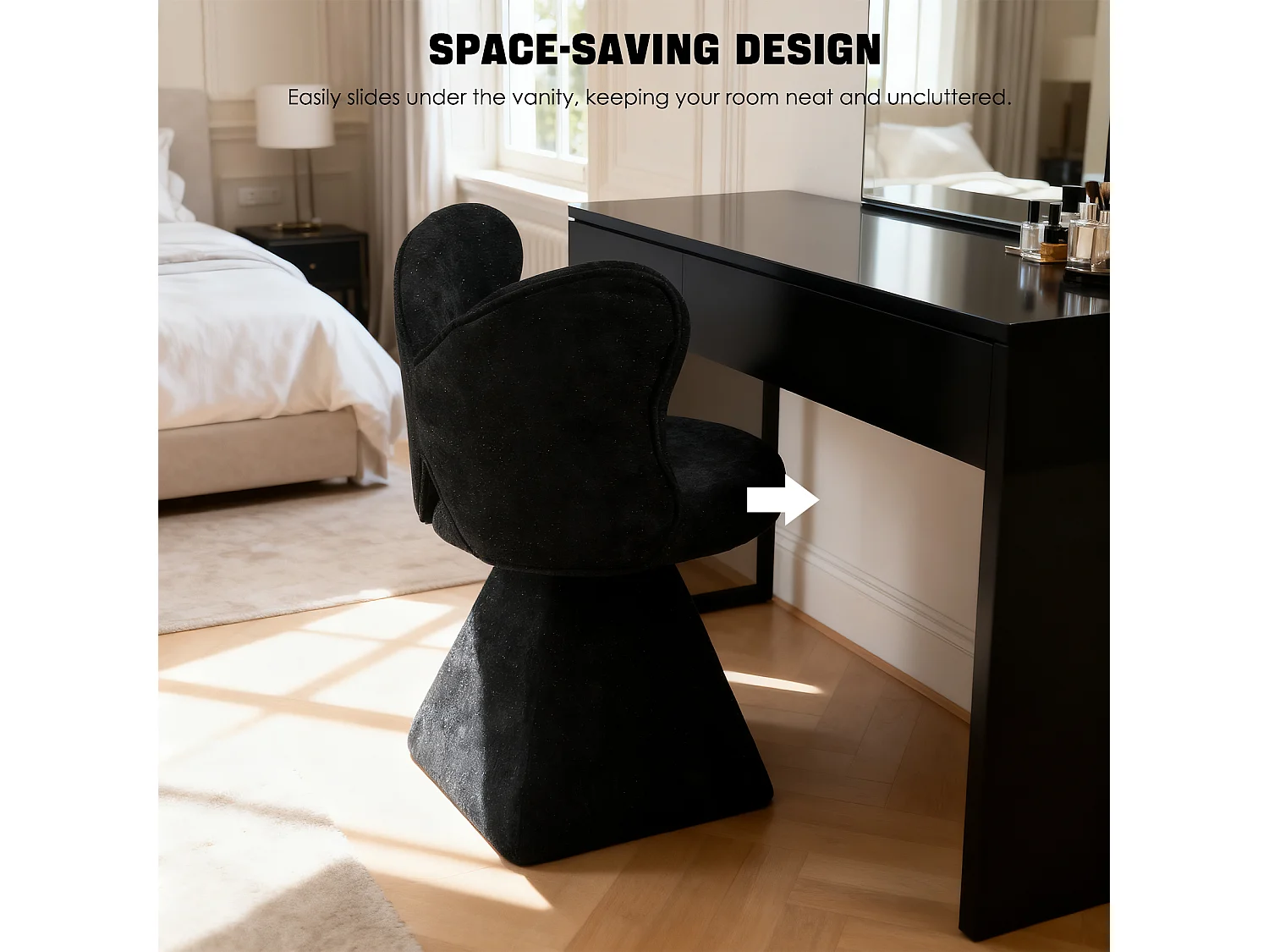 Chaise pivotant avec dossier en forme de papillon et soutien lombaire - Tissu noir