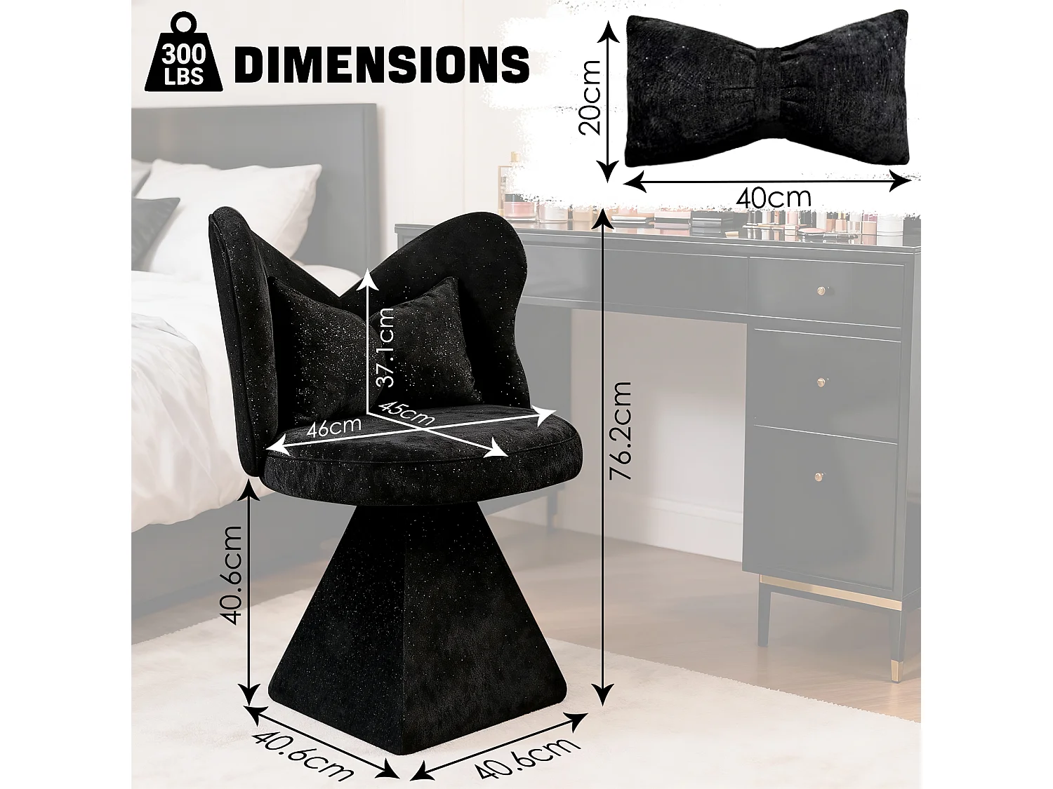 Chaise pivotant avec dossier en forme de papillon et soutien lombaire - Tissu noir